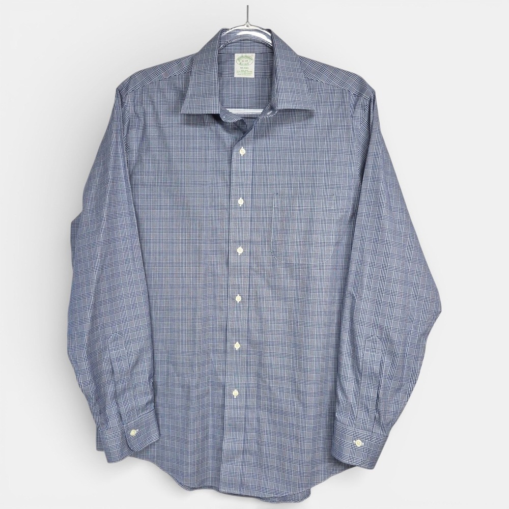 Brooks Brothers Milano Non-Iron Dress Shirt Blue White Check Supima Cotton 16-34